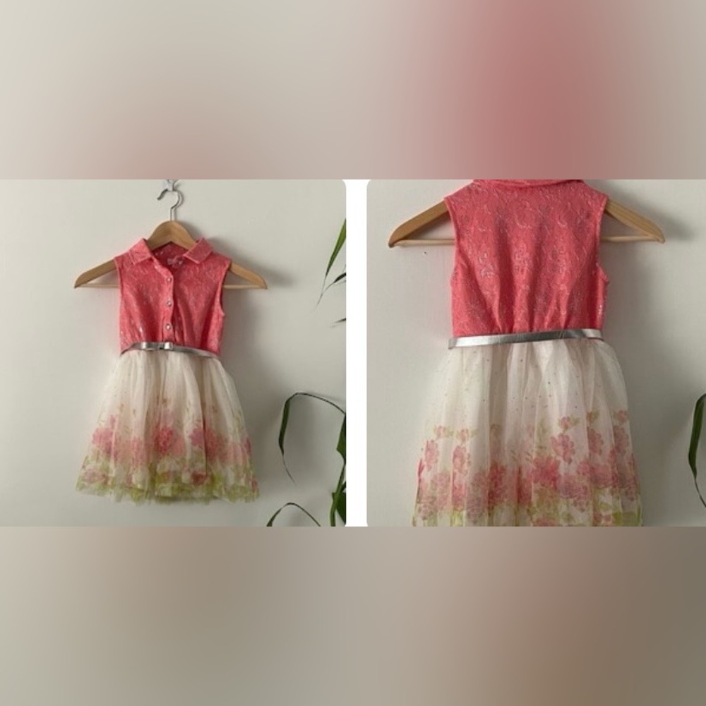 Coral and White Floral Dress with Silver Belt